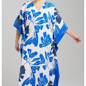 Natori Blue and White Floral Maxi Dress Caftan Swim Cover-Up L